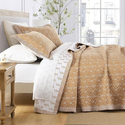 SahSahCasa Quilt Set Queen Size, 100% Cotton Quilt Bedding Set Bedspread, Botanical Pattern Solid Color Chic Lightweight Quilted Comforter for Queen Bed, White/Caramel, All Season, 3 Pieces