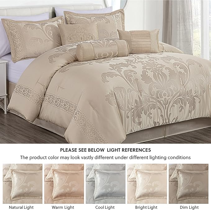 Chezmoi Collection Royale 7-Piece Jacquard Floral Comforter Set, California King, Champagne