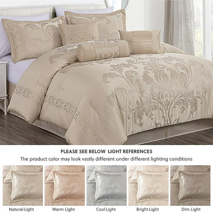 Chezmoi Collection Royale 7-Piece Jacquard Floral Comforter Set, Oversized King, Champagne