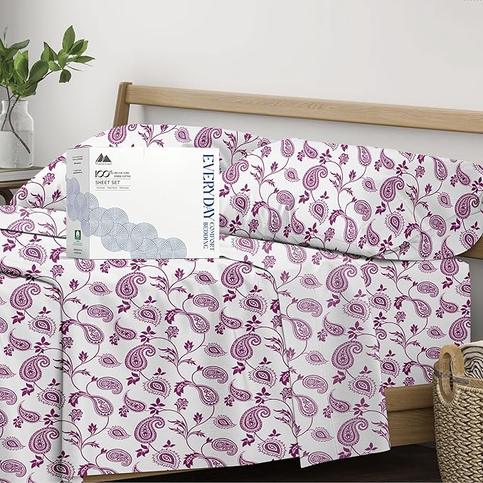 Mayfair Linen 100% Organic Cotton Printed Sheets Twin XL Size - Percale Weave Cotton Twin XL Size Sheet Set (4 PC, Paisley), Soft & Crisp, GOTS Certified, Cooling Sheets, 16" Deep Pocket