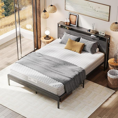 LIKIMIO Queen Bed Frame with Headboard, Dark Wood Camas Queen with Strong Supports, Sturdy, Noise-Free, No Box Spring Needed, Charcoal Grey