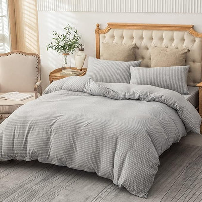 PURE ERA Jersey Knit Duvet Cover Set 100% T-Shirt Heather Cotton Super Soft Comfy Classic Striped Design, with Zipper Closure, Grey & White Pintripe, Queen