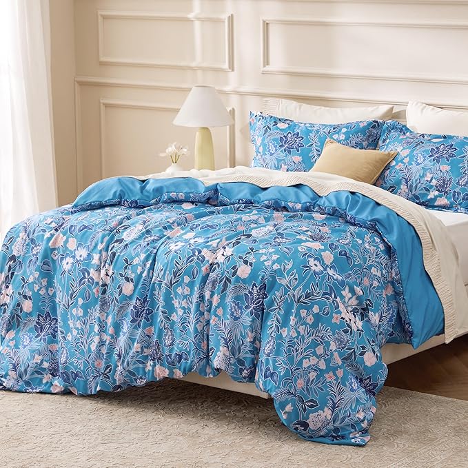 Bedsure Duvet Cover Queen Size - Reversible Blue Flowers Duvet Cover Set with Zipper Closure, 3 Pieces Bluejay Bedding Set with 8 Corner Ties and 2 Pillow Shams 20"x26"