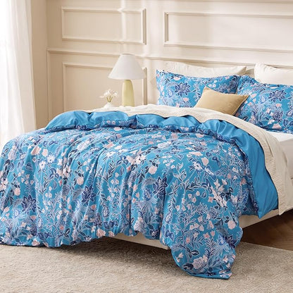 Bedsure Duvet Cover Queen Size - Reversible Blue Flowers Duvet Cover Set with Zipper Closure, 3 Pieces Bluejay Bedding Set with 8 Corner Ties and 2 Pillow Shams 20"x26"