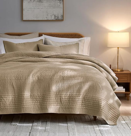 palassio Striped Dark Beige 100% Cotton Quilt King Size Bedding Sets, Lightweight Crinkly Channel Pick Stitch Textured Bedspread Soft Shabby Chic Farmhouse Country Coverlet for All Season, 2 Shams