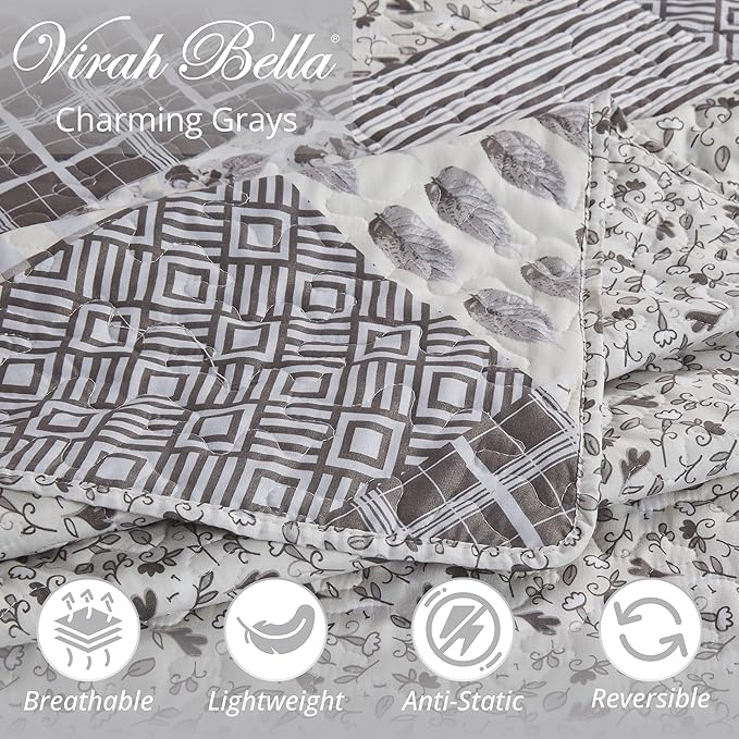 Virah Bella Quilt Bedding Set in King Phyllis Dobbs Charming Grays Printed Lightweight Reversible Quilt with 2 Matching Pillow Shams - Cozy & Beautiful Contemporary-Themed Bedding