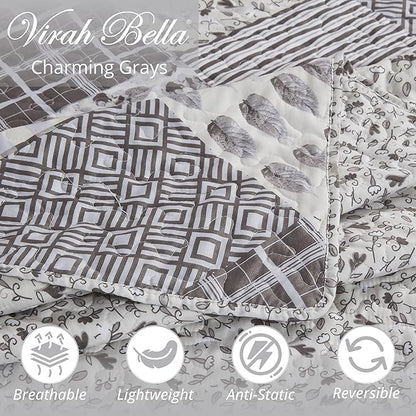 Virah Bella Quilt Bedding Set in King Phyllis Dobbs Charming Grays Printed Lightweight Reversible Quilt with 2 Matching Pillow Shams - Cozy & Beautiful Contemporary-Themed Bedding