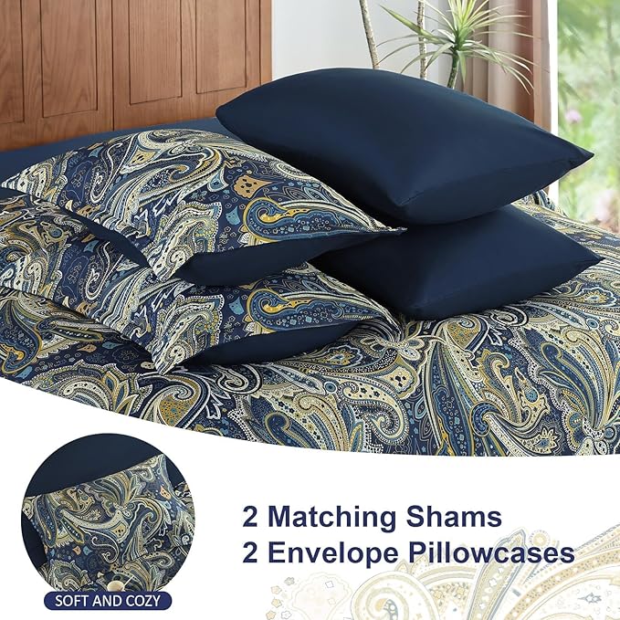 DJY Paisley Comforter Set Queen Size Navy Gold Boho Bed in a Bag 7 Piece, Soft Microfiber Vintage Paisley Floral Pattern Complete Bedding Set for All Season (90''x90)
