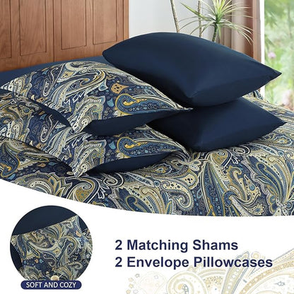 DJY Paisley Comforter Set King Size Navy Gold Boho Bed in a Bag 7 Piece, Soft Microfiber Vintage Paisley Floral Pattern Complete Bedding Set for All Season (104''x90)