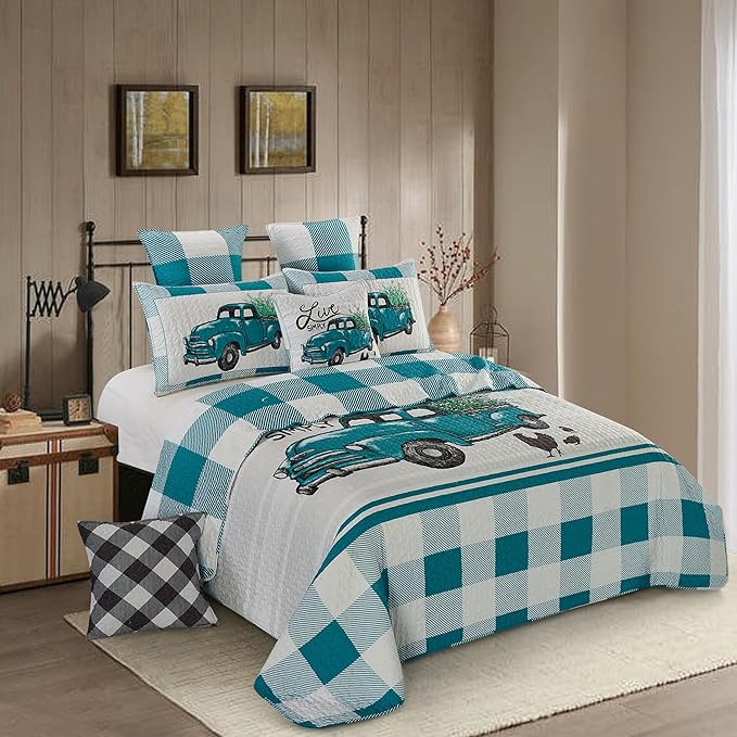 Virah Bella 3 Piece Full/Queen Cabin Quilt Bedding Set - Flower Truck - Rustic Country Reversible Patchwork Comforter Set with Decorative Pillow Shams