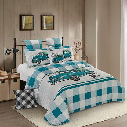 Virah Bella 3 Piece Full/Queen Cabin Quilt Bedding Set - Flower Truck - Rustic Country Reversible Patchwork Comforter Set with Decorative Pillow Shams