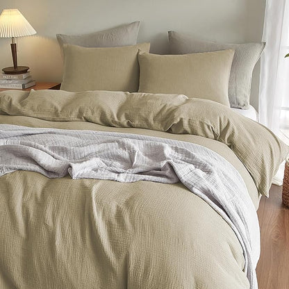 SE SOFTEXLY Muslin Duvet Cover Queen Size, 100% Washed Cotton Duvet Cover Set, Ultra Soft Comforter Cover Linen Like, 3 Pieces Minimalist Gauze Duvet Cover with 2 Pillowcases, 90"x90", Oatmeal