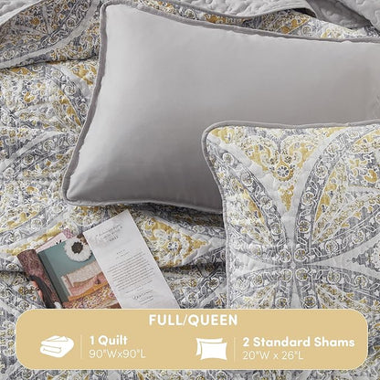 Comfort Spaces Boho Quilt Set Queen Reversible Vermicelli Quilting Queen Size Bed, All Season, Lightweight, Coverlet Winter Layer Bedding, Shams, Gloria, Full/Queen Grey/Yellow 3 Piece
