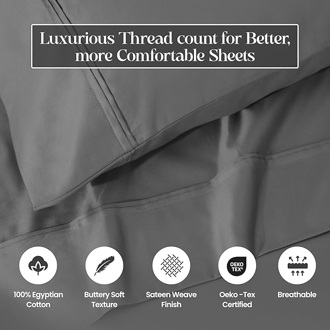 Superior 1200 Thread Count 100% Egyptian Cotton, Soft and Breathable, 2-Piece Standard Pillowcase Set Solid, Charcoal