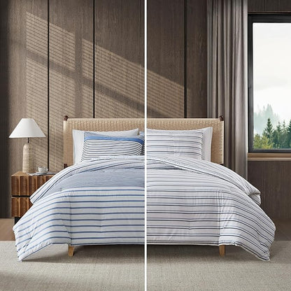 Eddie Bauer - Full/Queen Comforter Set, Super Soft Bedding with Matching Shams, Two-Piece Back Closure, Modern Room Essentials (Cooper Stripe Blue, Full/Queen)