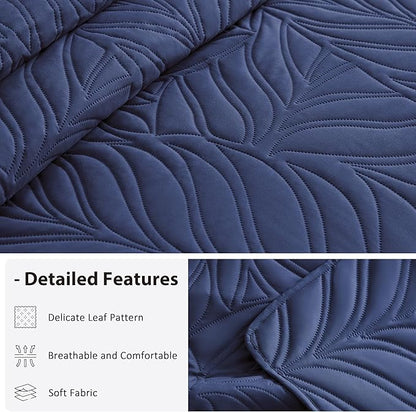 EXQ Home Quilt Set King Size Navy 3 Piece,Lightweight Soft Coverlet Modern Style Leaf Pattern Bedspread Set(1 Quilt,2 Pillow Shams)