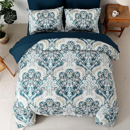 Drucon Paisley Comforter Set King Size, 7 Pieces Bed in a Bag Boho Comforter, Soft Lightweight Microfiber Bedding Set (1 Comforter, 1 Flat Sheet, 1 Fitted Sheet, 2 Pillow Shams, 2 Pillowcases)