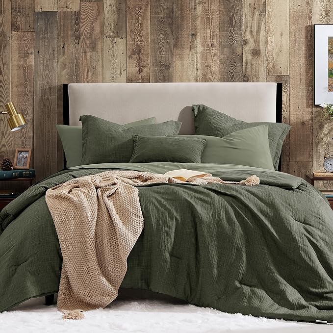 Geniospin Dark Olive Green Twin Comforter Set - 5 Pieces Comforter Twin Size, Solid Bedding Set for All Season, Textured Bed in a Bag with Sheets