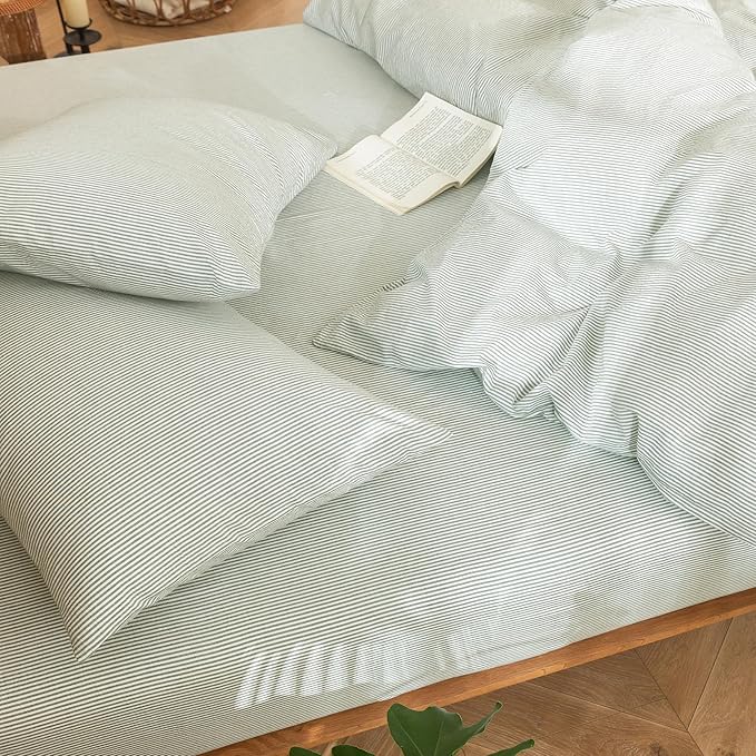 MooMee Striped Duvet Cover Set 100% Washed Cotton Linen Like Textured Breathable Durable Soft Comfy (Sage Green White Pinstripes, Super Queen 90"x98")