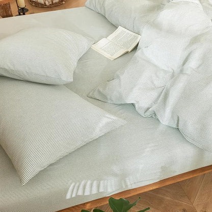 MooMee Striped Duvet Cover Set 100% Washed Cotton Linen Like Textured Breathable Durable Soft Comfy (Sage Green White Pinstripes, Oversized Queen 98"x98")