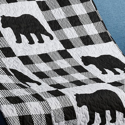 Virah Bella 3 Piece Queen Lodge Quilt Bedding Set - Buffalo Bear Plaid Black - Rustic Cabin Country Reversible Camping Comforter Set with Decorative Pillow Shams, Black/White