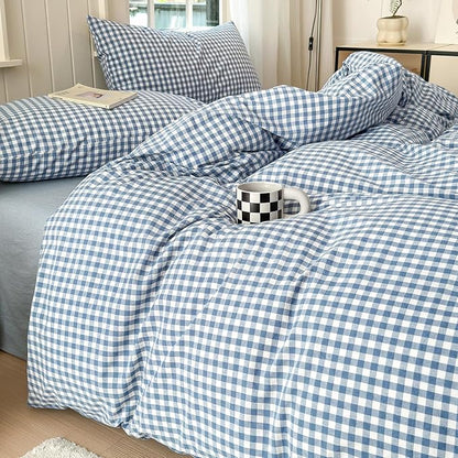 LifeTB Blue Gingham Comforter Set Full Size Modern Checkered Plaid Comforter Set 3 Pieces Blue Grid Bed Comforter with 2 Pillowcases Soft Fluffy Farmhouse Grid Plaid Bedding Set for All Seasons