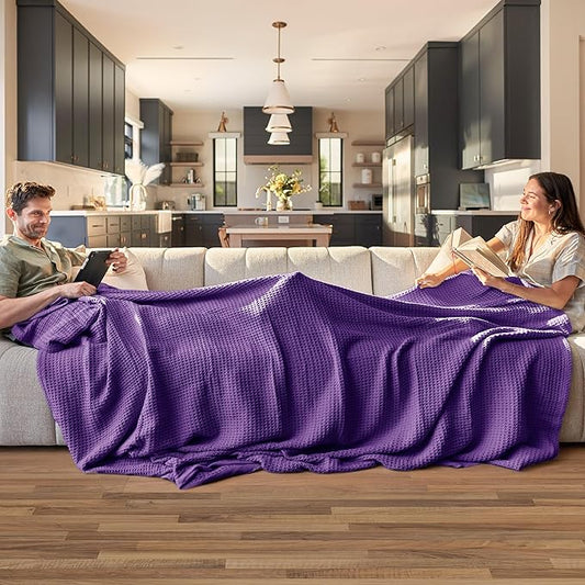 Bedsure Gentlesoft 100% Cotton Blanket Queen Size for Bed - Breathable and Soft for Spring Summer, Thick Cozy Waffle Weave Blanket Gifts for Women, Purple, 90x90 Inches