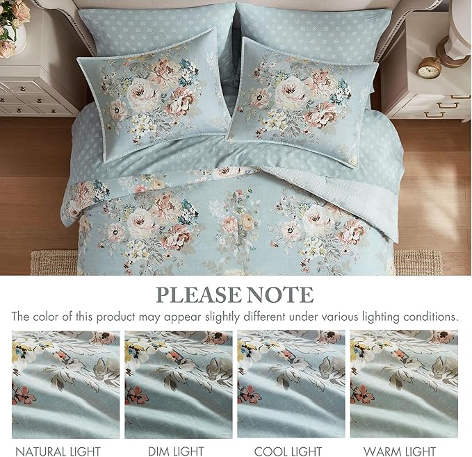 Madison Park Essentials Floral Comforter Set KING Size, Vintage Flower Bedding Set with Sheet Set, 7 Pieces Bed in a Bag with Reversible Botanical Comforter and Pillowcases & Shams, Heather, Soft Blue