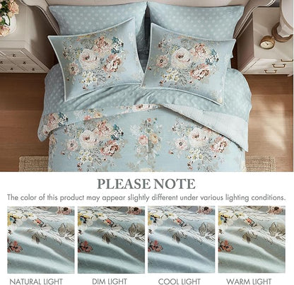 Madison Park Essentials Floral Comforter Set KING Size, Vintage Flower Bedding Set with Sheet Set, 7 Pieces Bed in a Bag with Reversible Botanical Comforter and Pillowcases & Shams, Heather, Soft Blue