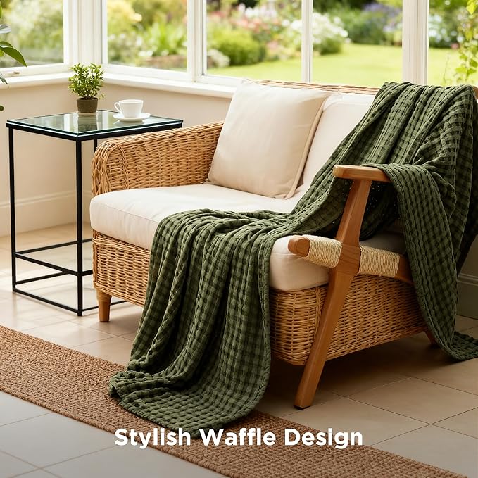 Bedsure Cooling Cotton Waffle Weave Throw Blanket - Lightweight Breathable Blanket of Rayon Derived from Bamboo for Hot Sleepers, Luxury Throws for Bed, Couch and Sofa, Olive Green, 50x70 Inches