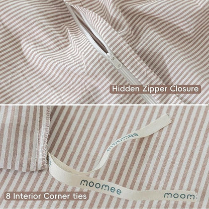 MooMee Striped Duvet Cover Set 100% Washed Cotton Linen Like Textured Breathable Durable Soft Comfy (Orange Pinstripes, Queen 90"x90")