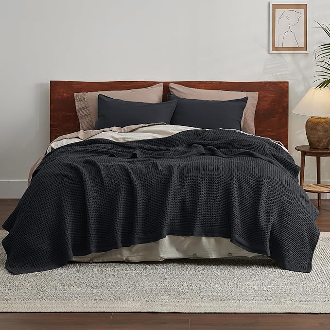 Bedsure Gentlesoft 100% Cotton Blanket King Size for Bed - Cooling Breathable and Soft for Spring Summer, Thick Cozy Waffle Weave Blanket Gifts for Women, Black, 104x90 inches