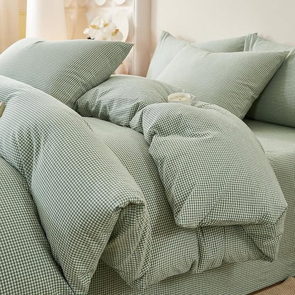 EAVD Sage Green Gingham Duvet Cover Queen Soft 100% Washed Cotton Modern Green and White Plaid Duvet Cover with 2 Pillowcases Reversible Checkered Plaid Bedding Set with Zipper Closure