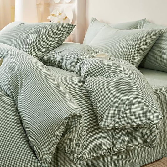 EAVD Sage Green Gingham Duvet Cover Twin Soft 100% Washed Cotton Modern Green and White Plaid Duvet Cover with 2 Pillowcases Reversible Checkered Plaid Bedding Set with Zipper Closure