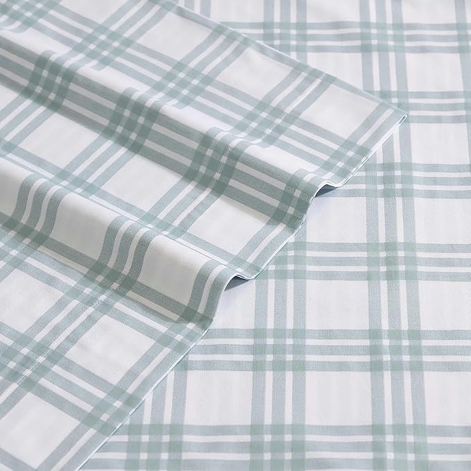 Eddie Bauer - King Sheets, Cotton Percale Bedding Set, Crisp & Cool Home Decor (Light Green Plaid, King)