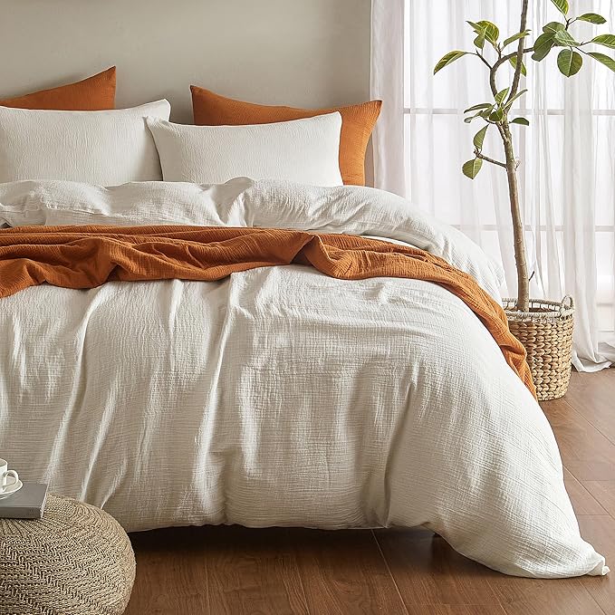 SE SOFTEXLY Muslin Duvet Cover Twin Size, 100% Washed Cotton Duvet Cover Set, Ultra Soft Comforter Cover Linen Like, 2 Pieces Minimalist Gauze Duvet Cover with 1 Pillowcase, 68"x90", White