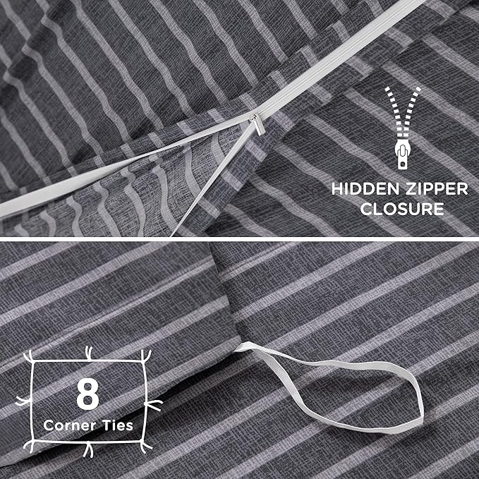 TOCOMOA Striped Duvet Cover Set 100% Natural Cotton Soft Comfy Breathable 3 Piece Grey and White Pattern Printed Comforter Cover Bedding Set (King 104"x90", Comforter Not Included)