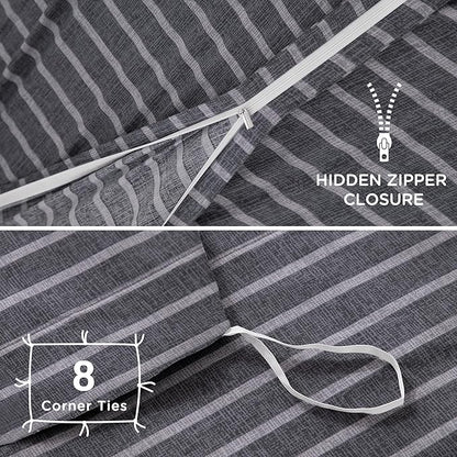 TOCOMOA Striped Duvet Cover Set 100% Natural Cotton Soft Comfy Breathable 3 Piece Grey and White Pattern Printed Comforter Cover Bedding Set (King 104"x90", Comforter Not Included)