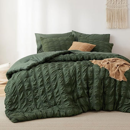 Bedsure Bed in a Bag Queen - 7 Pieces Plaid Seersucker Bedding Comforter Sets, Soft Lightweight Olive Green Boho Bed Set with Comforters Queen Size, Sheets, Pillowcases & Shams
