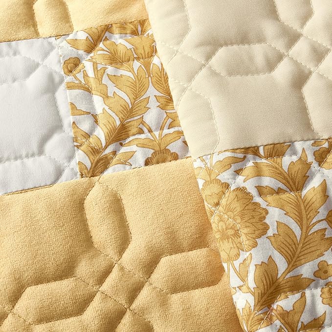 Wonderful Yellow Patchwork Spring Quilt Queen - Real Stitched Cotton Velvet Microfiber Mixed Bedding - 3-Piece Piano Key Splicing Floral Bedspread - Lightweight Geometric Quilted Coverlet | Breathable Material, Soft Touch, Wrinkle-Resistant, Machine Wa...