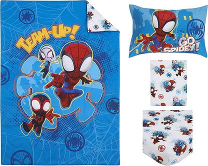 Disney Marvel Spidey and his Amazing Friends Spidey Team Red, White, and Blue 4 Piece Toddler Bed Set - Comforter, Fitted Bottom Sheet, Flat Top Sheet, and Reversible Pillowcase