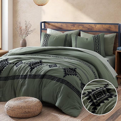 MaiRêve Embroidery Oversized King Size Comforter Set Olive Green, Boho Farmhouse Western Bedding Set 7 Pieces, All Season Bed in A Bag Comforter Set with Sheets, Pillowcases & Shams