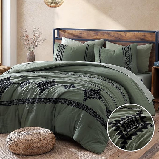 MaiRêve Embroidery Oversized King Size Comforter Set Olive Green, Boho Farmhouse Western Bedding Set 7 Pieces, All Season Bed in A Bag Comforter Set with Sheets, Pillowcases & Shams