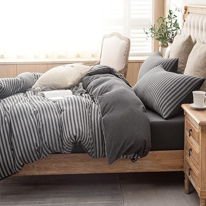 PURE ERA Jersey Knit Duvet Cover Set 100% T-Shirt Heather Cotton Super Soft Comfy Classic Striped Design, with Zipper Closure, Charcoal Dark Grey Stripe, Twin