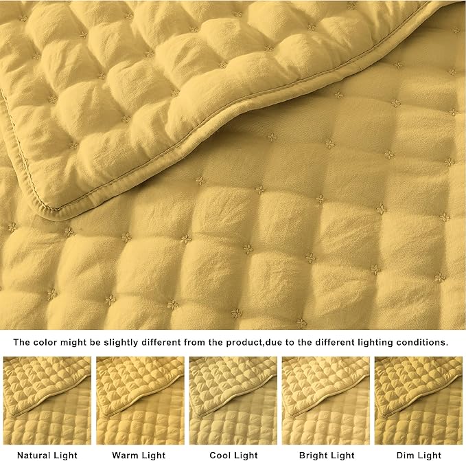 WDCOZY King Size Quilt Bedding Sets with 2 Pillow Shams, Lightweight Soft Bedspread Coverlet, Quilted Blanket Thin Comforter Bed Cover for All Season, 3 Pieces, 104x90 inches, Yellow