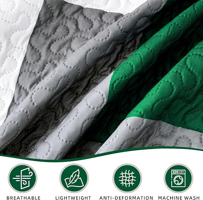 3 Piece Green Quilt Set California King Size Black Grey White Geometric Reversible Bedding Set Microfiber Lightweight Bedspread Coverlet with 2 Shams Modern Bed Cover for All Season, 118''x106''