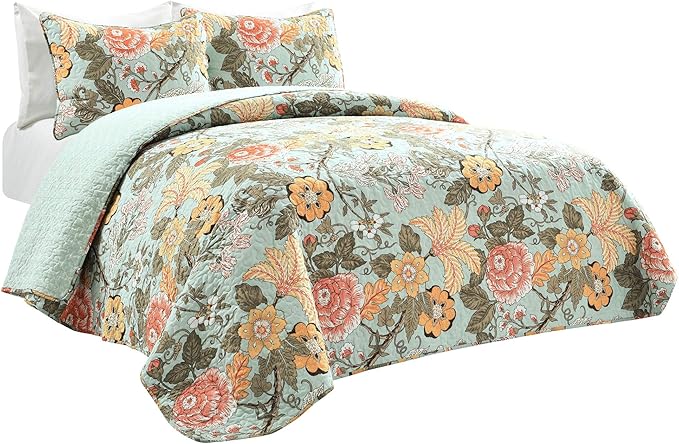 Lush Decor Sydney Reversible Cotton Quilt Set, 3 Piece Set, King, Blue & Green - Cotton Bedding Set - Blue Floral Quilt - Cottage Decor - Bedding King Size