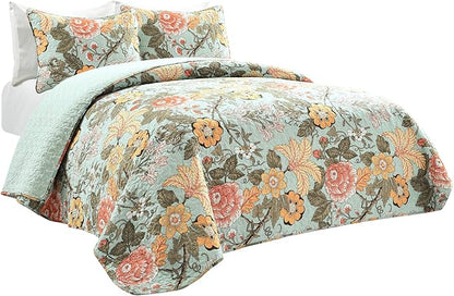 Lush Decor Sydney Reversible Cotton Quilt Set, 3 Piece Set, King, Blue & Green - Cotton Bedding Set - Blue Floral Quilt - Cottage Decor - Bedding King Size