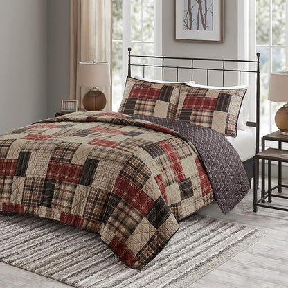 Madison Park King Quilt Set Patchwork Farmhouse, Diamond Quilting Reversible Coverlet Set for King Size Bed, Plush Cotton Filled Quilt Set King Size, Shams King/Cal King Red/Black 3 Piece