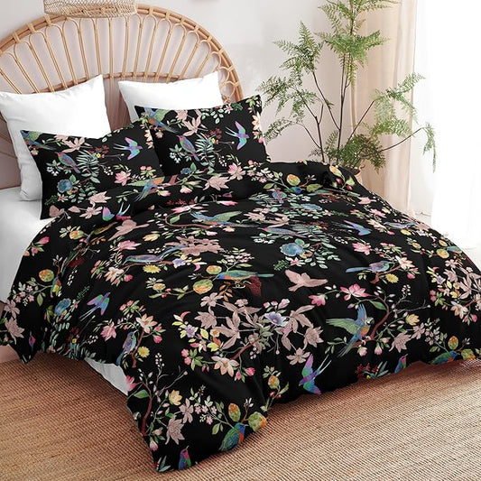 Nayoroom Black Floral Comforter Set Queen Size Blue Pink Bird Flower Botanical Pattern Spring Bedding Set 3 Pieces Soft Lightweight Aesthetic Garden Comforter for All Seasons